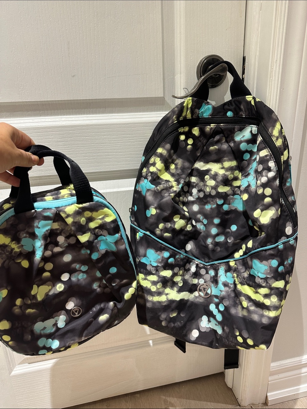 Ivivva Black Backpack and Lunch Bag Set with Teal and Yellow Spots